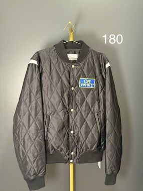 Off-White Black Quilted Bomber Jacket with White Shoulder Accents